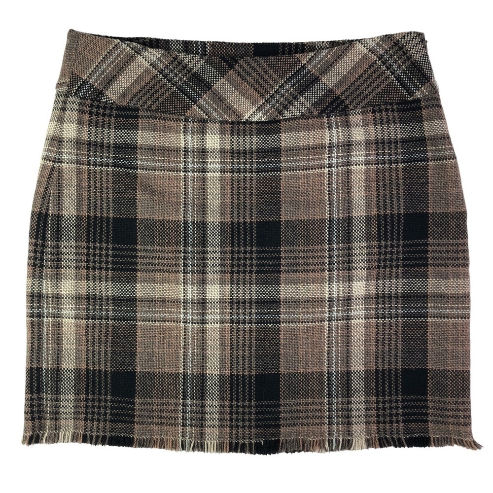 Eddie Bauer skirt wool blend woven plaid brown black pencil skirt fringe 8